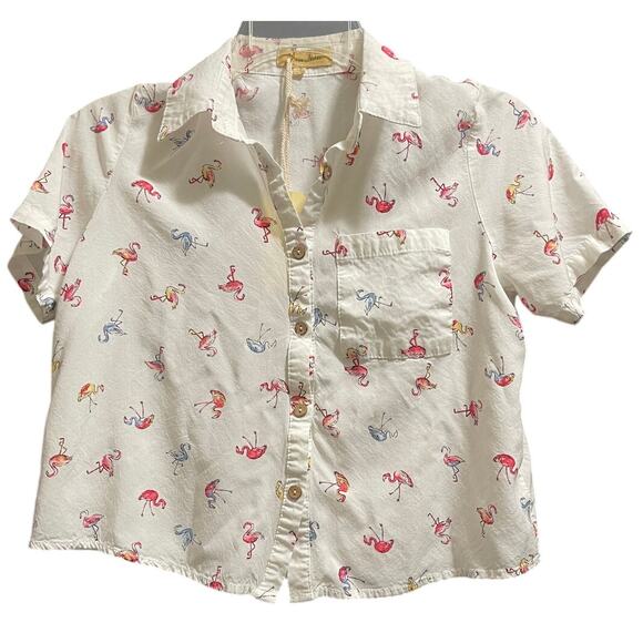 Love Notes Size Small NWT White Short Sleeve Button Up Flamingo Print - Picture 1 of 8